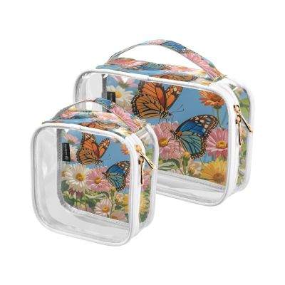 2 Pack Clear Decorative Mens Toiletry Bags TSA Approved Summer White Pink Daisies Butterfly Reusable Makeup Brush Bag Mens Shaving kit Bolsa de almacenamiento