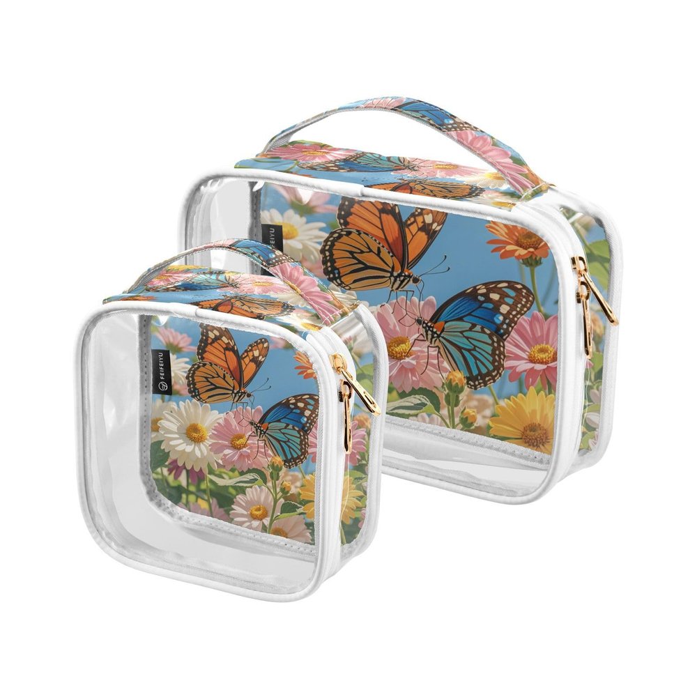 2 Pack Clear Decorative Mens Toiletry Bags TSA Approved Summer White Pink Daisies Butterfly Reusable Makeup Brush Bag Mens Shaving kit Bolsa de almacenamiento