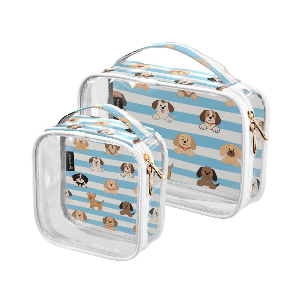2 Pack Clear Decorative Hanging Travel Toiletry TSA Approved Blue White Striped Dog Multifunctional Makeup Brush Bag Travel Essential para maquillaje