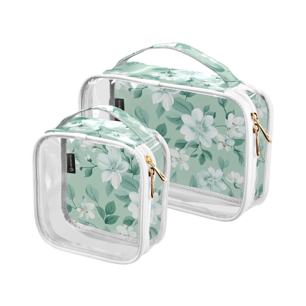 2 Pack Clear Decorative Toiletry Travel Bag TSA Approved Flowers Mint Green Water-Resistant Makeup Bag Organizer Travel Essential maquillaje para