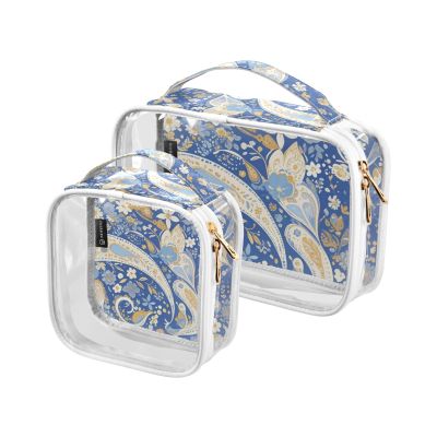2 Pack Clear Decorative Travel Toiletry Bags TSA Approved Boho Blue and White Vintage Flowers Vintage Paisley Cashews Waterproof Clear Cosmetic Bag Airport Airline Compliant maquillaje