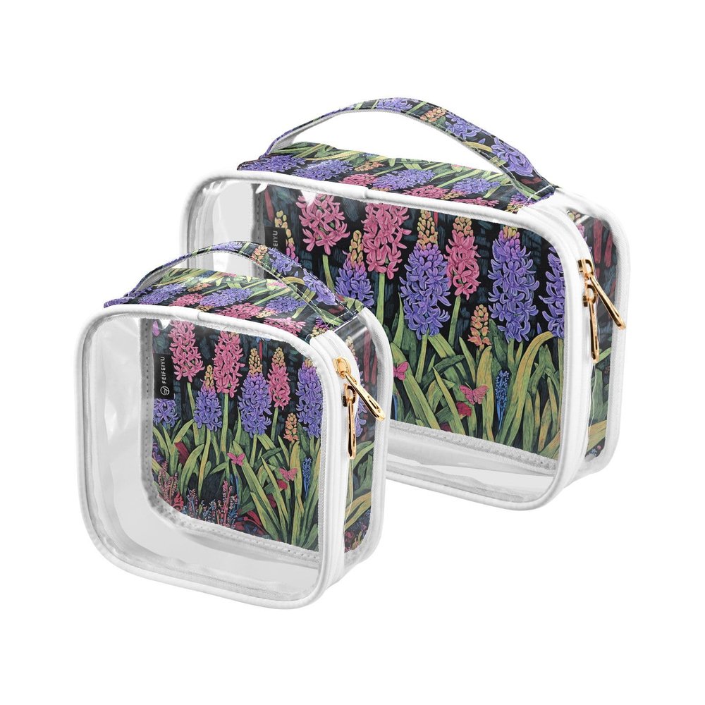 2 Pack Clear Decorative Mens Toiletry Travel TSA Approved Purple and Pink Hyacinth Flowers with Green Leaves Portable Makeup Brush Bag Shaving Essentials Bolsa de almacenamiento
