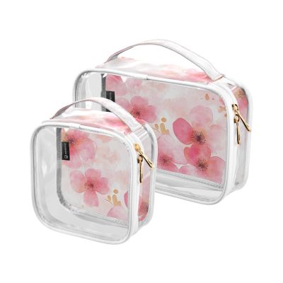2 Pack Clear Decorative Travel Toiletry kit TSA Approved Watercolor Art Flowers Red Transparent Makeup Bag Travel Journey Essential de maquillaje para