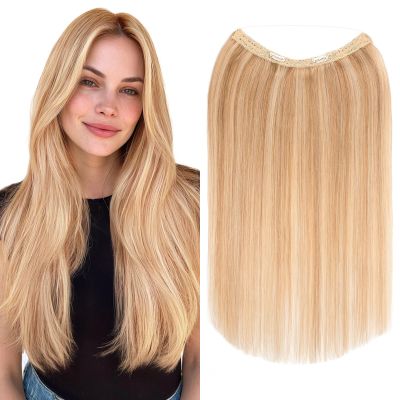 MY-LADY Halo Hair Extensions Real Human Hair for Women Golden Brown & Light Blonde Clip in Remy Hairpiece with Adjustable Invisible Wire 18 Inch 80G