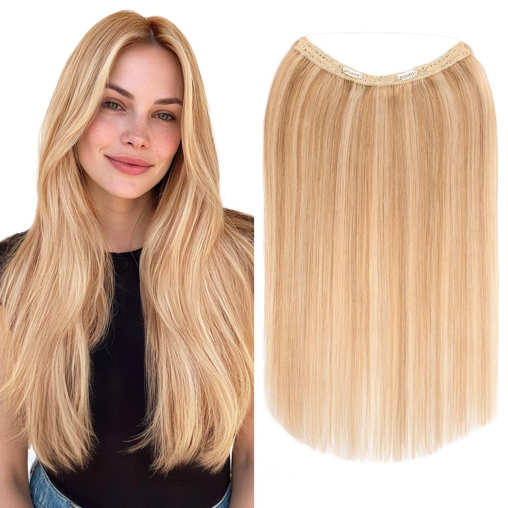 MY-LADY Halo Hair Extensions Real Human Hair for Women Golden Brown & Light Blonde Clip in Remy Hairpiece with Adjustable Invisible Wire 18 Inch 80G