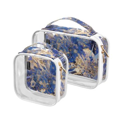 2 Pack Clear Decorative Travel Toiletry Bag TSA Approved Chic Abstract Fireworks Bursting Painting Blue Gold Reusable Makeup Brush Bag Mens Shaving kit maquillaje