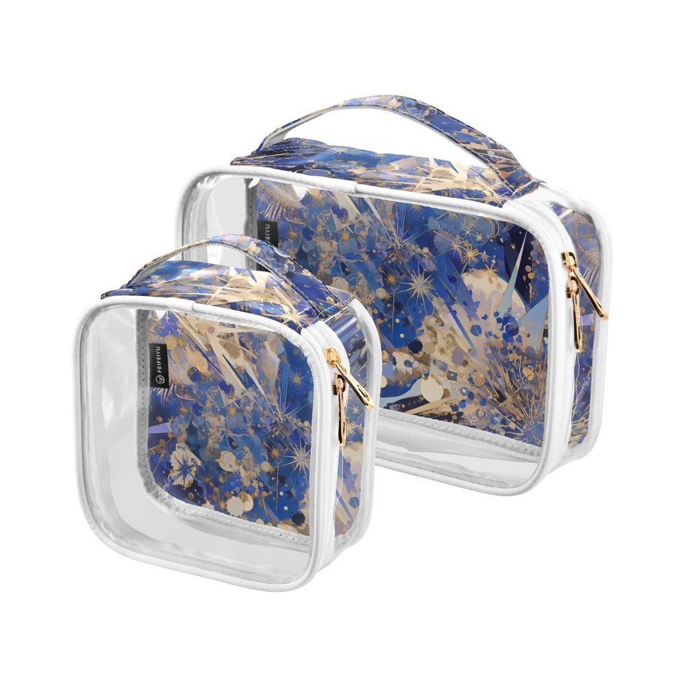 2 Pack Clear Decorative Travel Toiletry Bag TSA Approved Chic Abstract Fireworks Bursting Painting Blue Gold Reusable Makeup Brush Bag Mens Shaving kit maquillaje