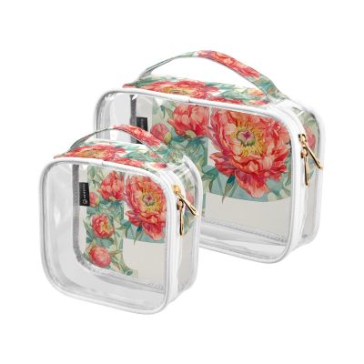 2 Pack Clear Decorative Toiletry Bag for Women TSA Approved Floralmorphic Letter P Red Peony Flower Watercolor Waterproof Cosmetic Bags with Zipper Mens Shaving kit de maquillaje