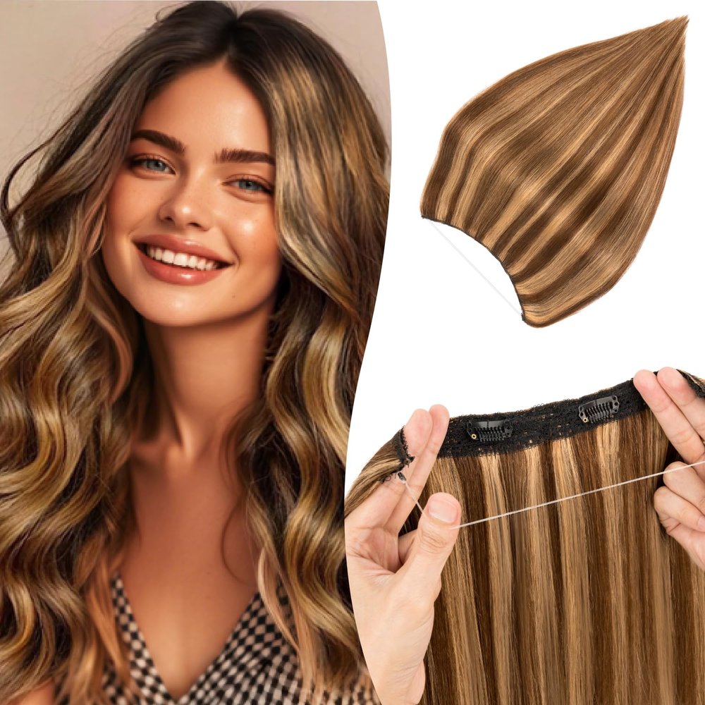 TESSHAIR Thick Halo Hair Extensions Straight, 100% Real Human Hair,No Tangle & Smooth,Invisible Wire Extensions for Women,80g,16 Inch #4P27 Medium Brown Mixed Dark Blonde