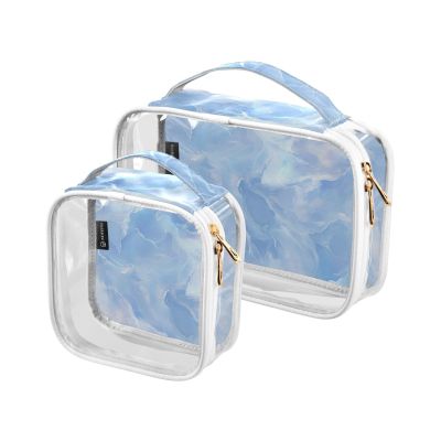 2 Pack Clear Decorative Toiletry Hanging Bag TSA Approved Blue Marble Texture Chic Water-Resistant Cosmetic Bags for Women Mens Shaving kit de maquillaje