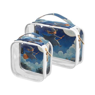 2 Pack Clear Decorative Mens Toiletry Travel Bag TSA Approved Flying Witch Broomstick Moonlit Sky Transparent Cosmetic Travel Bags for Women Shaving Essentials Bolsa de almacenamiento