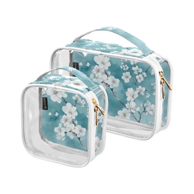 2 Pack Clear Decorative Hanging Toiletry Bag TSA Approved Nature White Cherry Blossom Teal Transparent Bags for Women Travel Essential de maquillaje