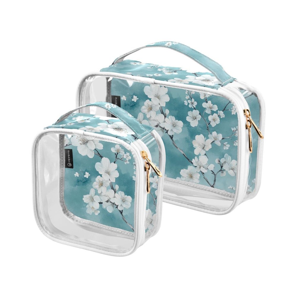 2 Pack Clear Decorative Hanging Toiletry Bag TSA Approved Nature White Cherry Blossom Teal Transparent Bags for Women Travel Essential de maquillaje