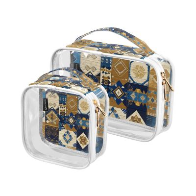 2 Pack Clear Decorative Toiletry Bags for TSA Approved Boho Blue Gold Regular Texture Transparent Makeup Brush Bag Airport Airline Compliant maquillaje