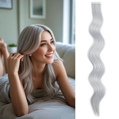 10 Pcs Invisible Tape in Hair Extensions, 20Inch Blonde Tape in Hair Extensions Synthetic, Curly Wavy Hair for Party, Music Festival, Daily Use (Silver Gray)