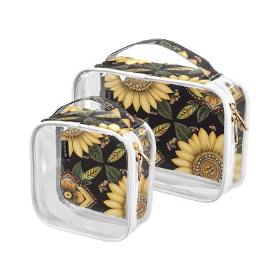 2 Pack Clear Decorative Toiletry Bag Men TSA Approved Bohemian Retro Sunflower Transparent Travel Makeup Bag Shaving Essentials Bolsa de maquillaje