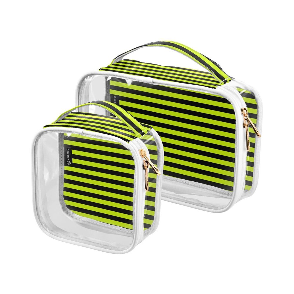 2 Pack Clear Decorative Mens Toiletry Travel TSA Approved Bright Yellow Black Strips Transparent Travel Cosmetic Bags for Women Journey Essential para maquillaje