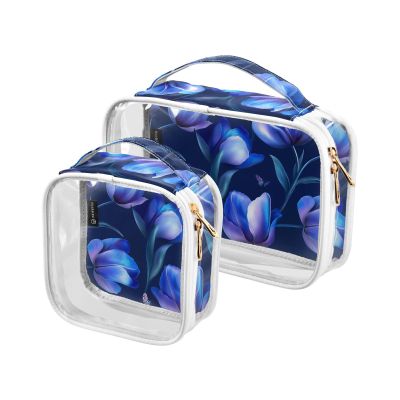 2 Pack Clear Decorative Travel Bag Toiletry TSA Approved Aesthetic Flower Royal Blue Transparent Large Cosmetic Bag Mens Shaving kit Bolsa de almacenamiento