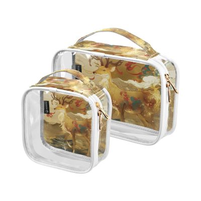 2 Pack Clear Decorative Toiletry Bag Large TSA Approved Red and Gold Chinese New Year Deer Multifunctional Cosmetic Bag Travel Mens Shaving kit de maquillaje para