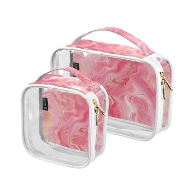 2 Pack Clear Decorative Mens Toiletry Bags TSA Approved Peach Marble Transparent Makeup Brush Bag Travel Essential maquillaje
