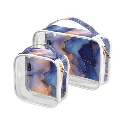 2 Pack Clear Decorative Hanging Toiletry Travel TSA Approved Marble Royal Blue Peach Gold Multifunctional Travel Cosmetic Bag Mens Shaving kit maquillaje para