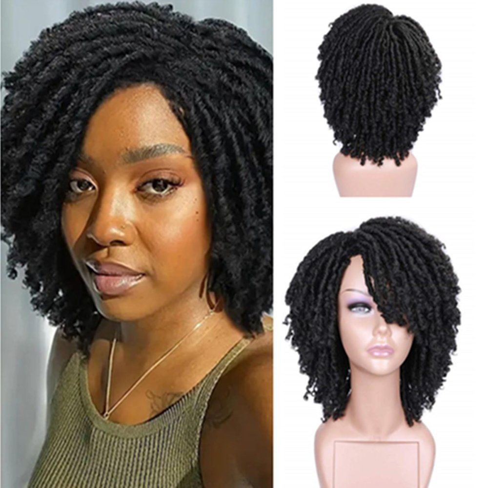 BIBHAIR Dreadlock Wigs Short Twist Braiding Synthetic Hair 8 Inches Color 1B Afro Curly Faux Locs Wig for Women and Men