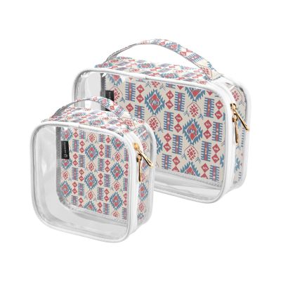 2 Pack Clear Decorative Hanging Travel Toiletry TSA Approved Boho Red and Blue Vintage Texture Reusable Small Makeup Bag Mens Shaving kit de maquillaje para