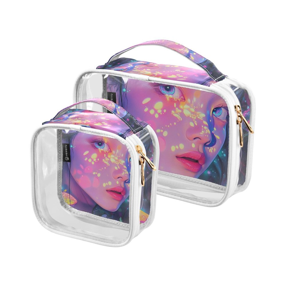 2 Pack Clear Decorative Mens Toiletry Bags for Traveling TSA Approved Anime Girl Psychedelic Transparent Makeup Brush Bag Mens Shaving kit de maquillaje para