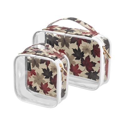 2 Pack Clear Decorative Toiletry Bag Set TSA Approved Vintage Maple Leaf Waterproof Makeup Brush Bag Shaving Essentials maquillaje para