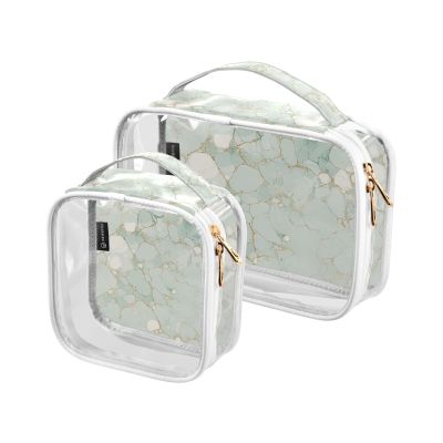 2 Pack Clear Decorative Toiletry Bags for Traveling Women TSA Approved Light Green Luxury Marble Texture Portable Cosmetic Bags for Women Travel Set Airport Airline Compliant Bolsa de almacenamiento