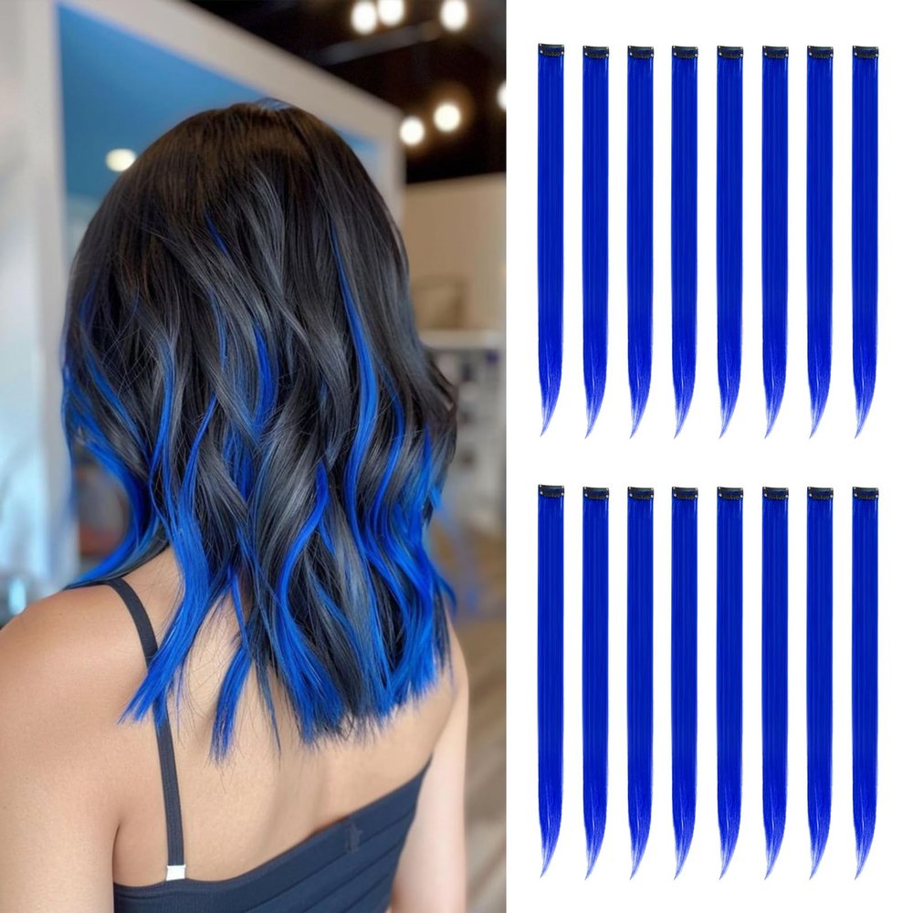 HappClan Blue Hair Extensions Clip in, 16 Pcs Colored Highlights Hair Extensions Synthetic, 22 inch Rainbow Hairpieces for Girls Women Favor Gift & Dress Up Fashion Party Birthday (Blue Hair)
