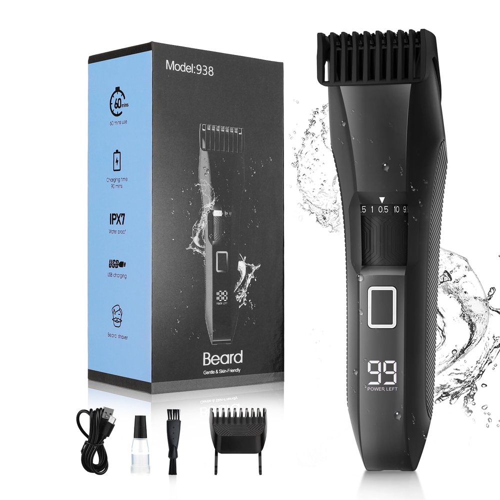 Beatslm Beard Trimmer for Men, 20 Length Adjustable, Cordless Waterproof Clippers, Stainless Steel T-Blade for Precision Facial Hair Trimming with 2 Guide Combs, Travel Lock, LED Display