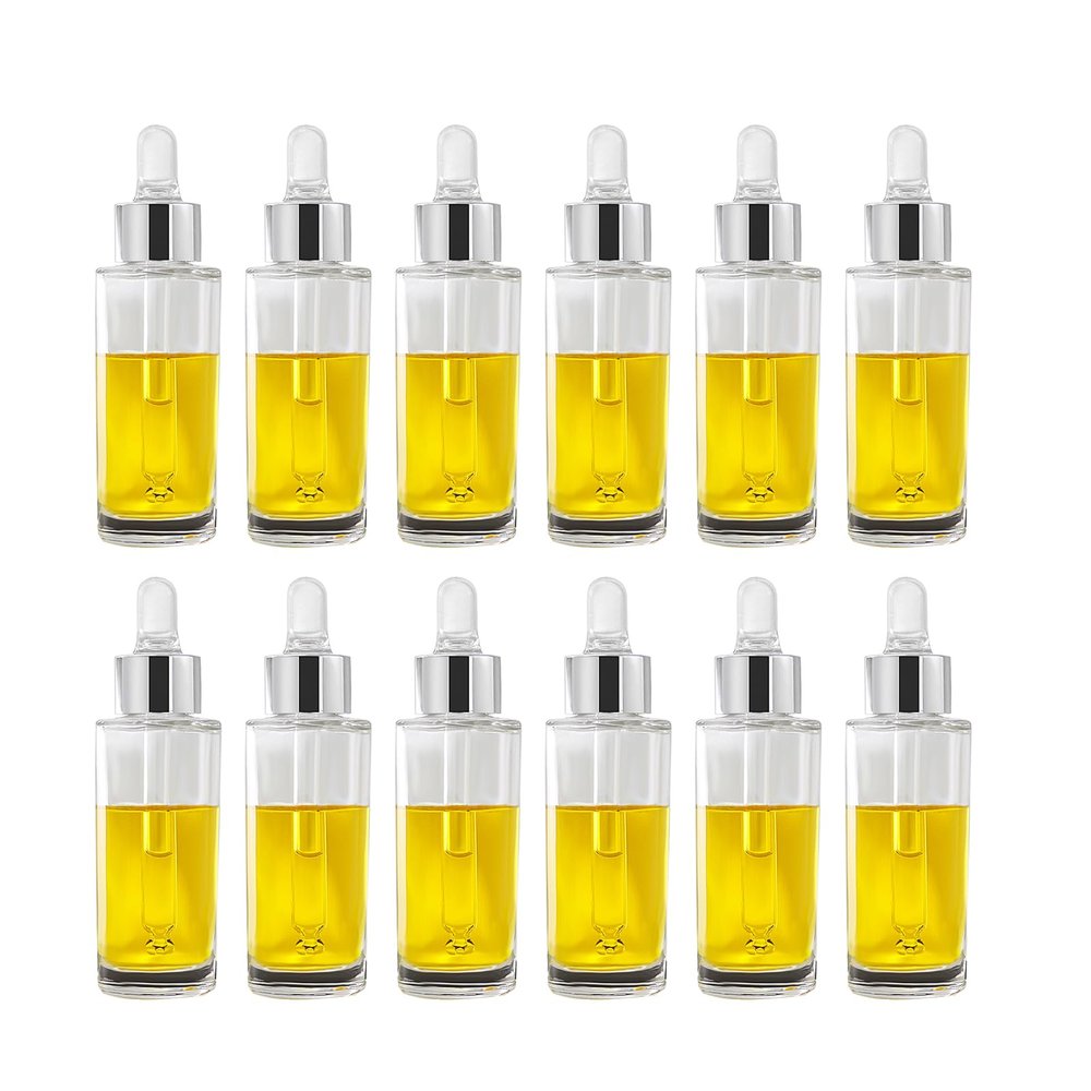 30ml Inverted Cone Glass Dropper Bottles with Aluminum-clad Dropper Cap with Glass Pipette with Threaded 20/410 for Essential Oils, Leak Proof Travel Bottles, Set of 12 (Silver white)