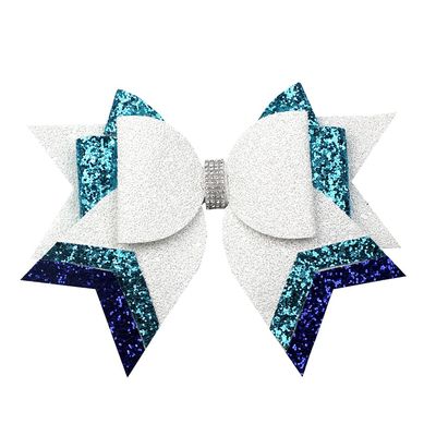 10pcs customizable Large Glitter Hair Bow with Rhinestone Center, 9 x 6.5 inches, White and Turquoise Blue,cheer hair tie