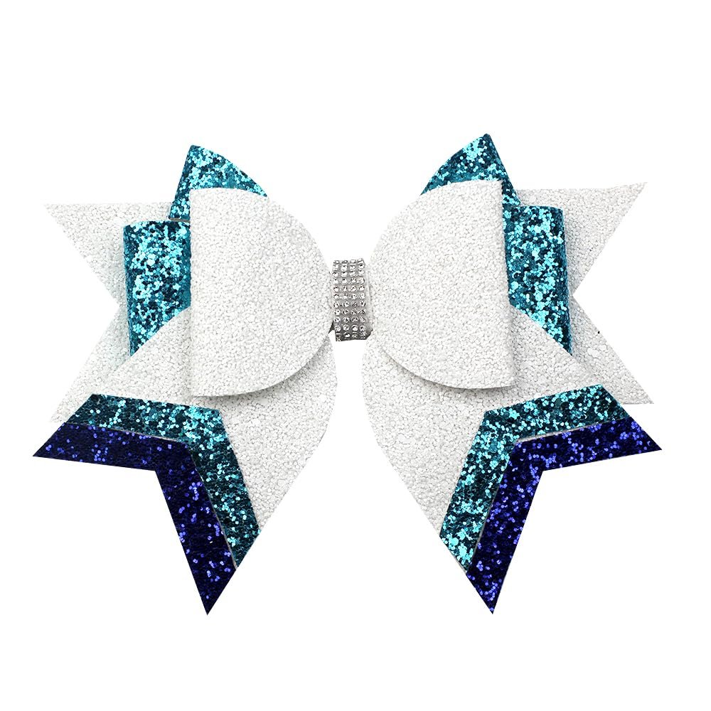 10pcs customizable Large Glitter Hair Bow with Rhinestone Center, 9 x 6.5 inches, White and Turquoise Blue,cheer hair tie