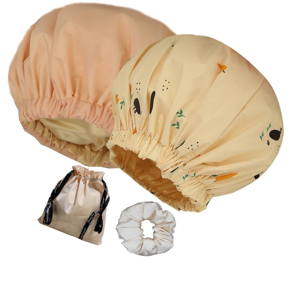 2Pcs Genergy Luxury Satin lined Shower Cap Waterproof Adjustable Baths Bonnet Reusable Extra Large Double Layers and Reversible Elastic Bath Hair Shower Caps for Women