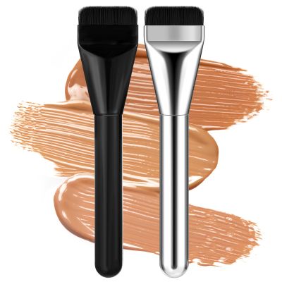 2 PCS Flat Foundation Brush Korean Makeup Brush Spatula Flat Top Facial Brushes for Liquid Foundations Mask Premium Face Brushes for Blending Cream (Black Silver)