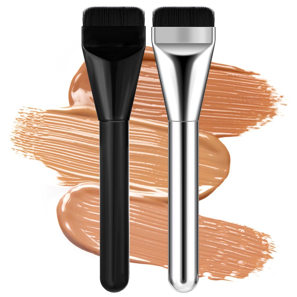 2 PCS Flat Foundation Brush Korean Makeup Brush Spatula Flat Top Facial Brushes for Liquid Foundations Mask Premium Face Brushes for Blending Cream (Black Silver)