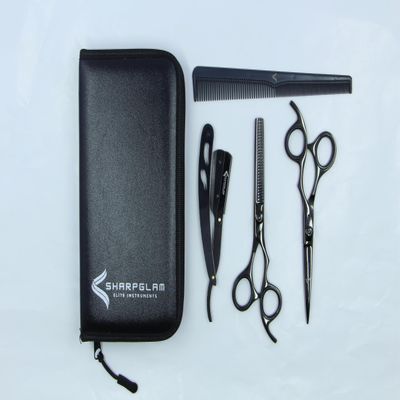 Barber Kit  6.5 Professional Hair Cutting Scissors Set & Thinning Scissors with Razor, Comb & Case | SHARPGLAM DuoEdge  Titanium Black Finish