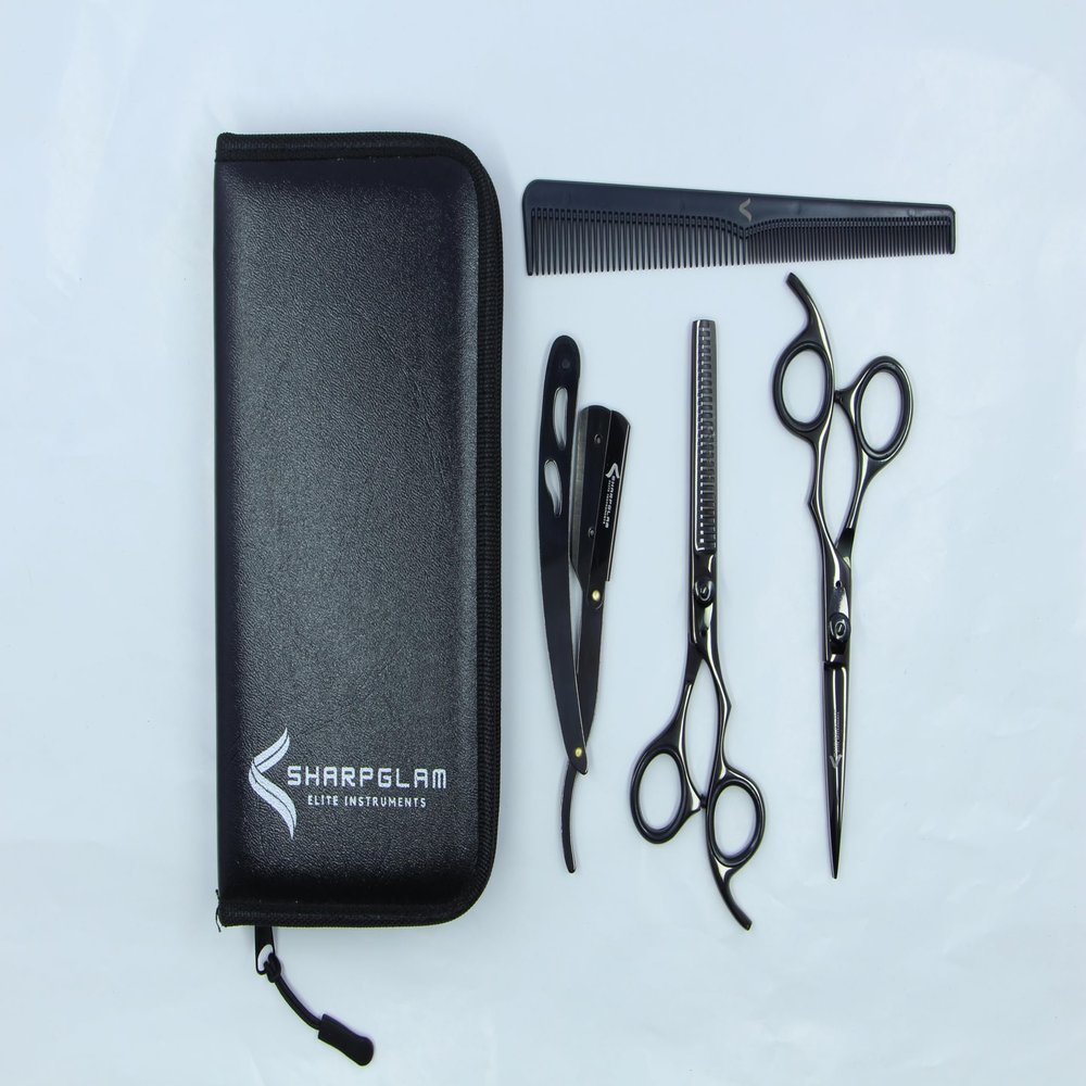 Barber Kit  6.5 Professional Hair Cutting Scissors Set & Thinning Scissors with Razor, Comb & Case | SHARPGLAM DuoEdge  Titanium Black Finish