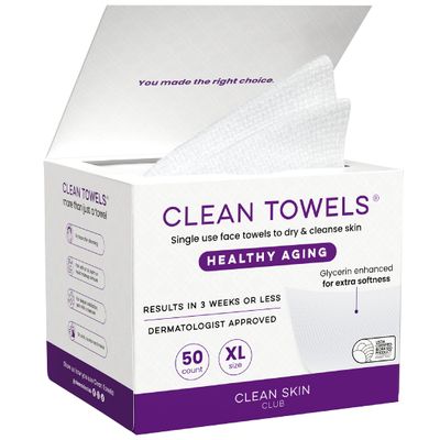 Clean Skin Club Healthy Aging Clean Towels XL, Smooths Fine Lines Wrinkles & Texture in 6 weeks, Treated for Extra Softness, Disposable Face Towels, Anti Aging Makeup Remover Dry Wipe, 50 count