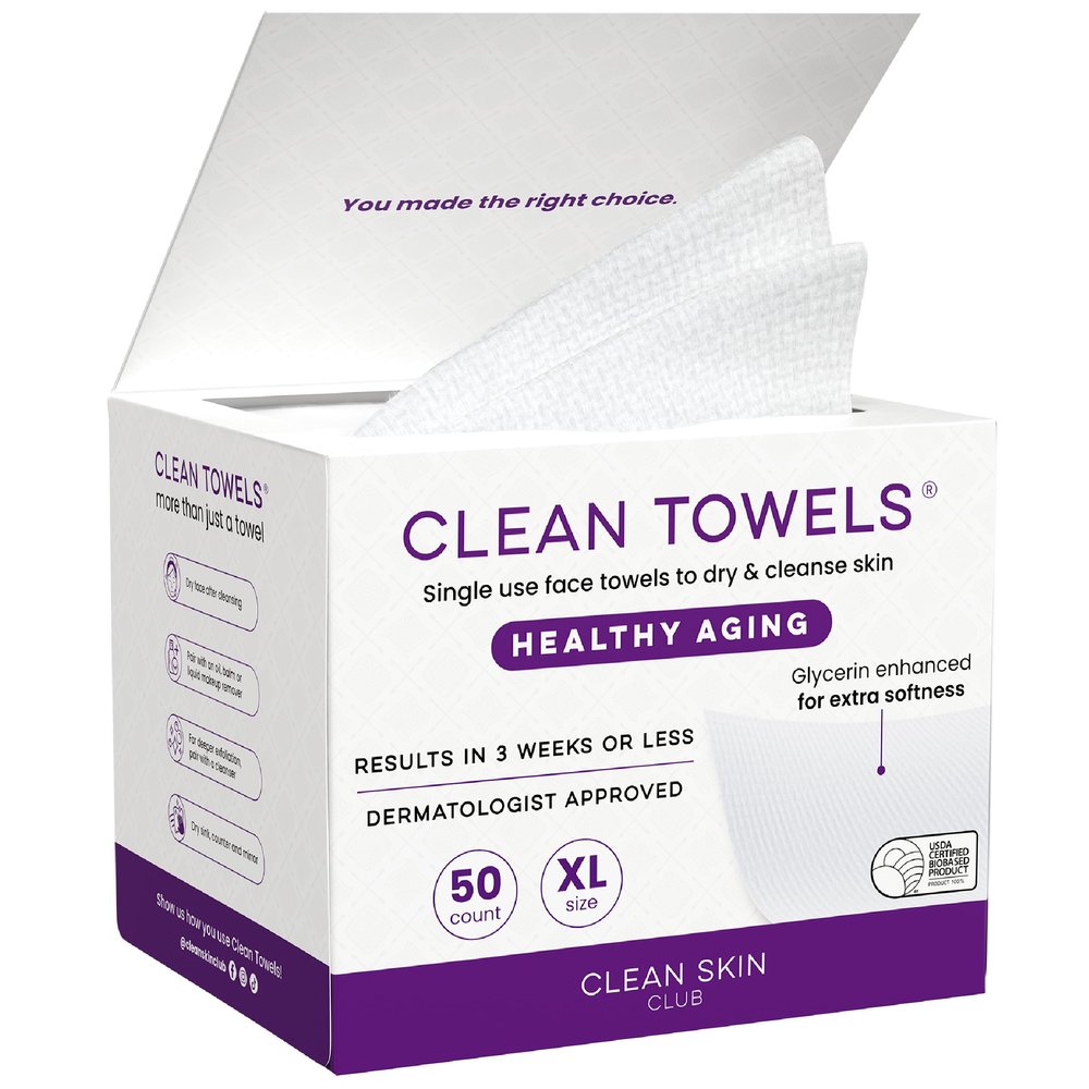 Clean Skin Club Healthy Aging Clean Towels XL, Smooths Fine Lines Wrinkles & Texture in 6 weeks, Treated for Extra Softness, Disposable Face Towels, Anti Aging Makeup Remover Dry Wipe, 50 count