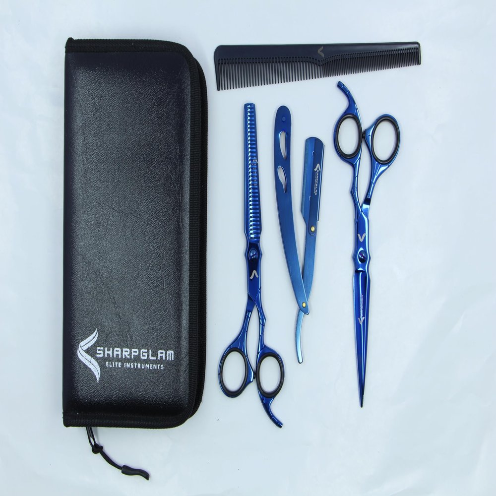 Barber Kit  7.5 Professional Hair Cutting Scissors Set & Thinning Scissors with Razor, Comb & Case | SHARPGLAM BlueBolt  Titanium Cobalt Finish