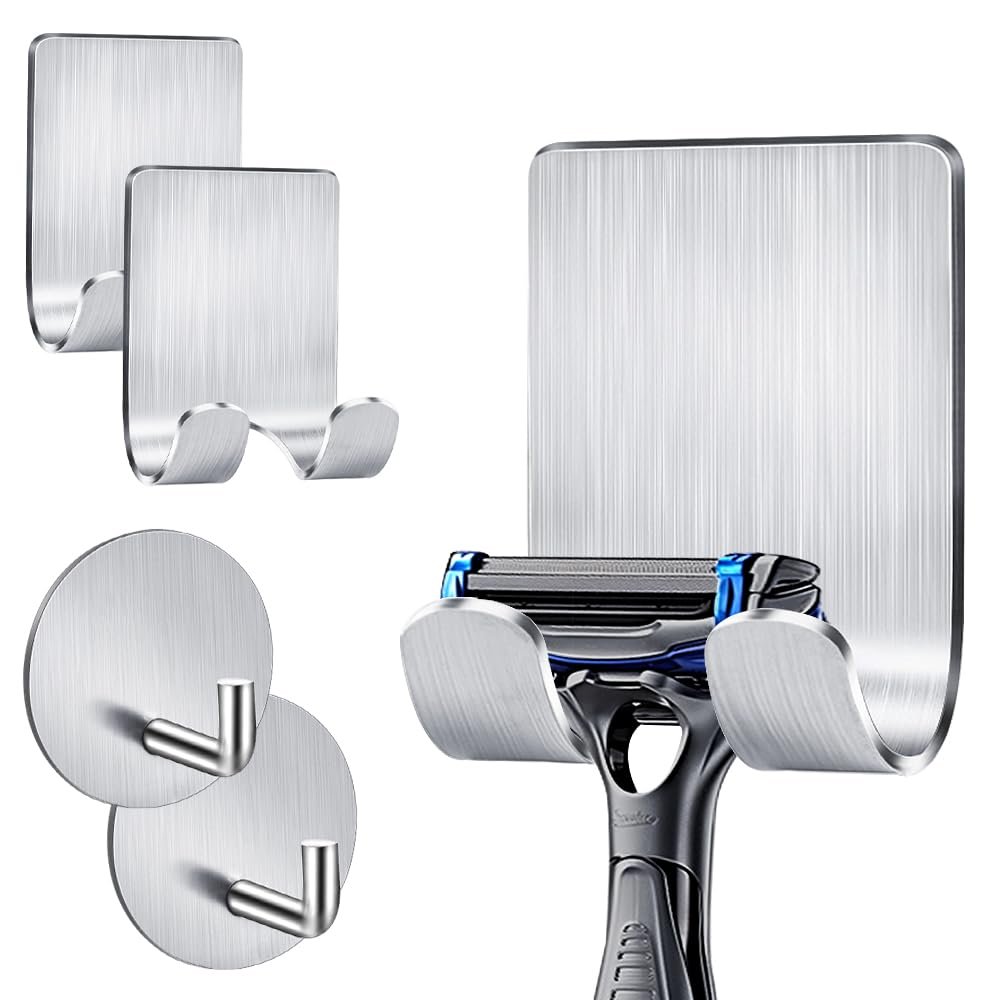 ZeriLion Adhesive Razor Holder & Hook Combo Pack (2+2) - Waterproof 304 Stainless Steel Organizers for Bathroom, Shower, Kitchen Use
