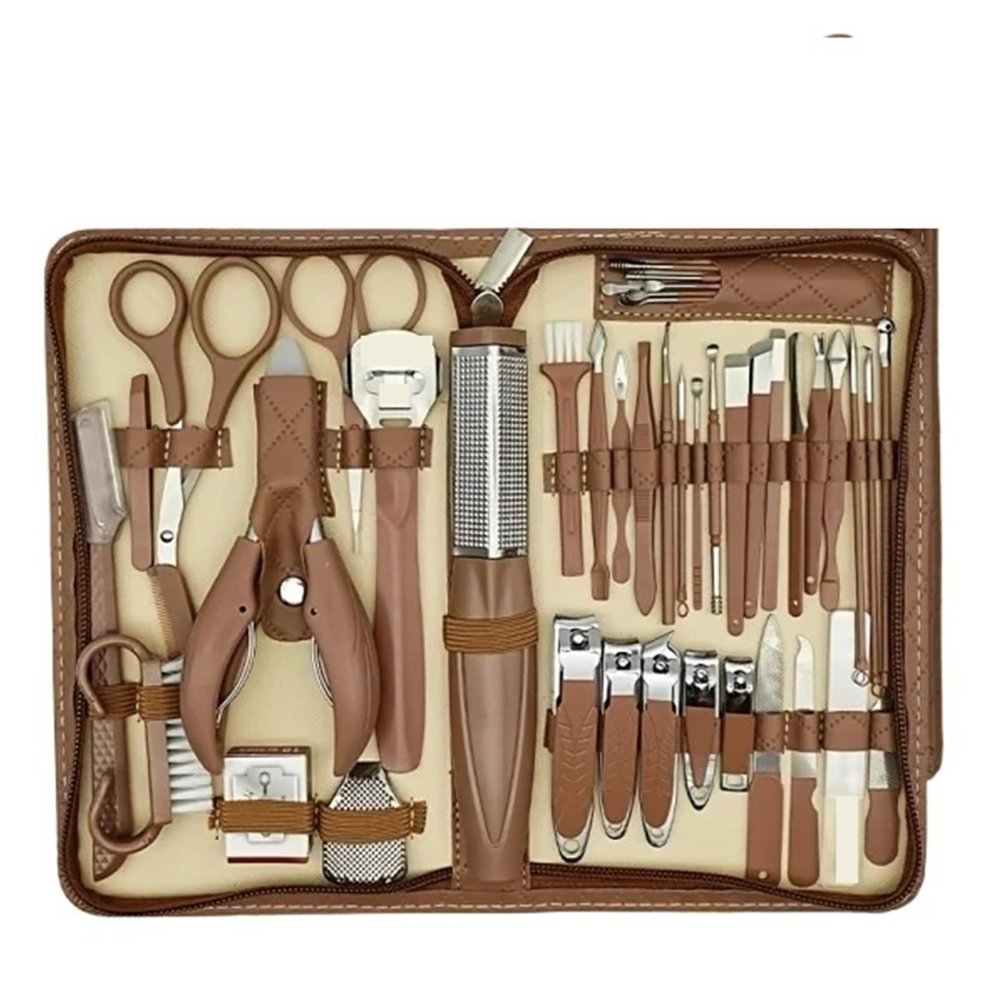Agnail Clippers 42 Pcs Nail Clipper Kit New Zipper Leather Bag Stainless Toenail Pliers(Brown)