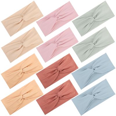 12 Pcs Stretchy Headbands for Women, Absorbed Sport Headband Soft Twist Knotted Hairbands for Daily Life Yoga Workout(Warm Morandi)