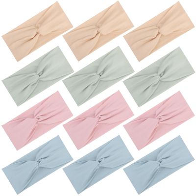 12 Pcs Stretchy Headbands for Women, Absorbed Sport Headband Soft Twist Knotted Hairbands for Daily Life Yoga Workout(Light yellow/Pink/Blue/Green)