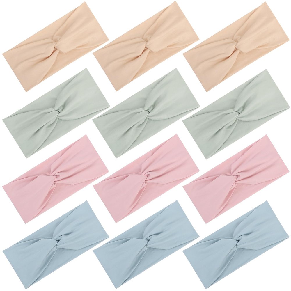 12 Pcs Stretchy Headbands for Women, Absorbed Sport Headband Soft Twist Knotted Hairbands for Daily Life Yoga Workout(Light yellow/Pink/Blue/Green)