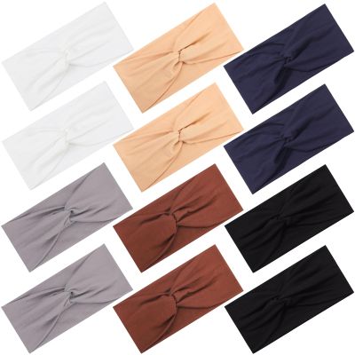 12 Pcs Stretchy Headbands for Women, Absorbed Sport Headband Soft Twist Knotted Hairbands for Daily Life Yoga Workout (Neutral Color 2)