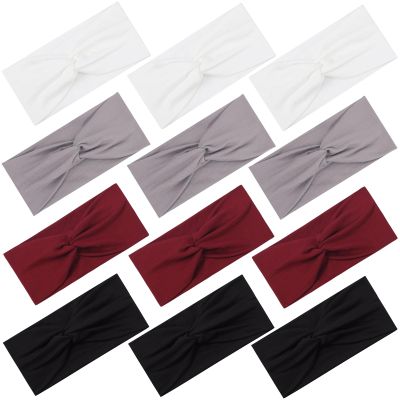 12 Pcs Stretchy Headbands for Women, Absorbed Sport Headband Soft Twist Knotted Hairbands for Daily Life Yoga Workout(Black/Grey/White/Red)